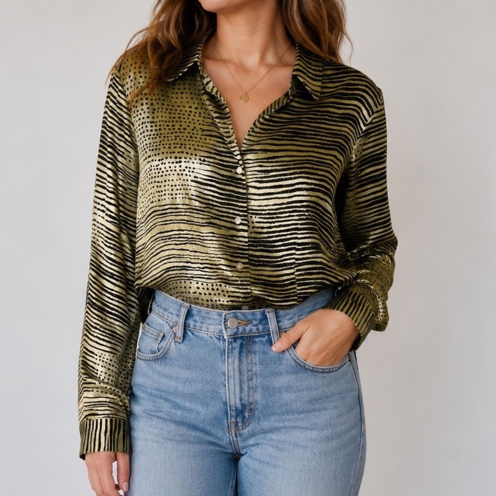 Caviar Abstract Animal Print Button Front Blouse Medium Gold Black‎ Career Chic